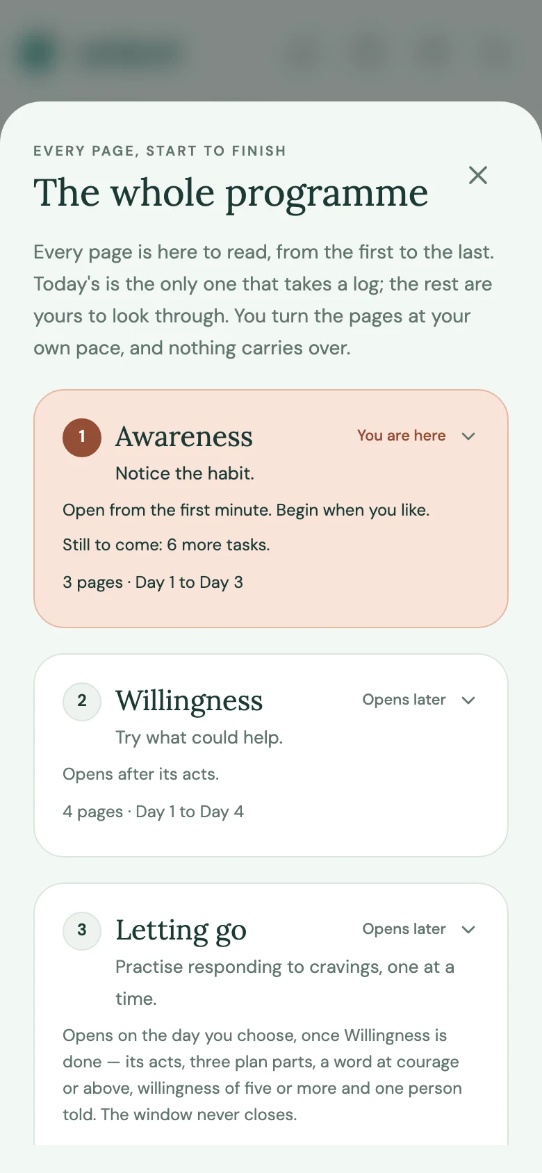 Quitpod’s course outline, showing the stages and pages ahead.