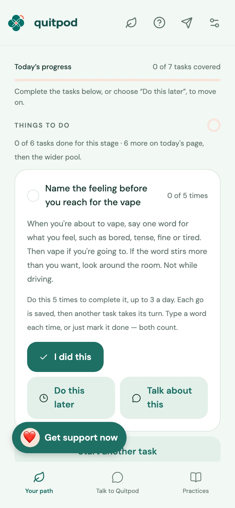 Quitpod’s Your path screen, showing today’s progress and a small task to try.